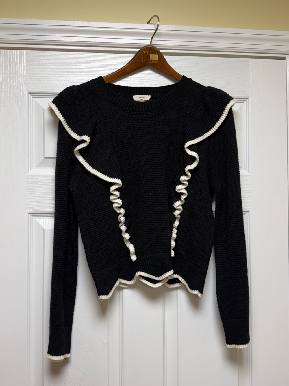 entro Black Sweater with White Ruffle Trim